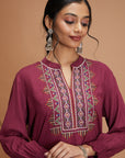 Solid Straight Rayon Slub Kurta Set with Thread Embroidery