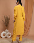 Rayon Slub Kurta Set with Embroidered Yoke & Smocked Sleeves