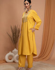 Rayon Slub Kurta Set with Embroidered Yoke & Smocked Sleeves
