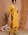 Rayon Slub Kurta Set with Embroidered Yoke & Smocked Sleeves