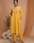 Rayon Slub Kurta Set with Embroidered Yoke & Smocked Sleeves