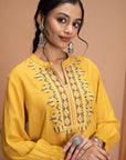 Rayon Slub Kurta Set with Embroidered Yoke & Smocked Sleeves