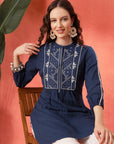 Solid A-Line Cotton Tunic with Ethnic Embroidery & Lace Detail