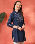 Solid A-Line Cotton Tunic with Ethnic Embroidery & Lace Detail