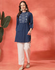 Solid A-Line Cotton Tunic with Ethnic Embroidery & Lace Detail