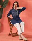 Solid A-Line Cotton Tunic with Ethnic Embroidery & Lace Detail