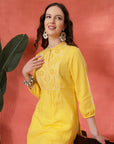 Cotton Kurti with Tonal Embroidery & Lace-Accented Yoke