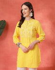 Cotton Kurti with Tonal Embroidery & Lace-Accented Yoke
