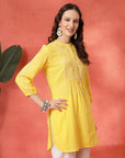 Cotton Kurti with Tonal Embroidery & Lace-Accented Yoke