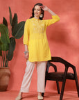 Cotton Kurti with Tonal Embroidery & Lace-Accented Yoke