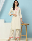 Solid Straight Cotton Kurta with Print Patch Embroidery & Palazzo