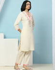 Solid Straight Cotton Kurta with Print Patch Embroidery & Palazzo