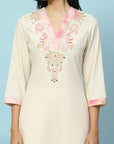Solid Straight Cotton Kurta with Print Patch Embroidery & Palazzo