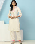 Solid Straight Cotton Kurta with Print Patch Embroidery & Palazzo