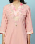 Solid Straight Cotton Kurta with Print Patch Embroidery & Palazzo