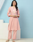 Solid Straight Cotton Kurta with Print Patch Embroidery & Palazzo
