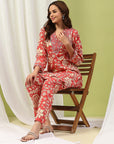 Floral Printed Viscose Rayon Kurta Set with Embroidery & Bell Sleeves