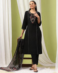 Embroidered Cotton Blend Kurta Set with Tassels & Printed Dupatta