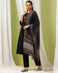 Embroidered Cotton Blend Kurta Set with Tassels & Printed Dupatta