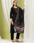 Embroidered Cotton Blend Kurta Set with Tassels & Printed Dupatta