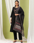 Embroidered Cotton Blend Kurta Set with Tassels & Printed Dupatta