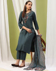 Embroidered Cotton Blend Kurta Set with Tassels & Printed Dupatta