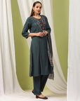 Embroidered Cotton Blend Kurta Set with Tassels & Printed Dupatta