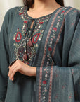 Embroidered Cotton Blend Kurta Set with Tassels & Printed Dupatta
