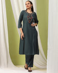 Embroidered Cotton Blend Kurta Set with Tassels & Printed Dupatta