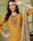 Cotton Straight Kurta Set with Ethnic Embroidery & Printed Dupatta