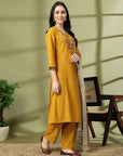 Cotton Straight Kurta Set with Ethnic Embroidery & Printed Dupatta