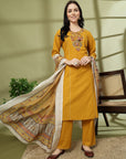 Cotton Straight Kurta Set with Ethnic Embroidery & Printed Dupatta