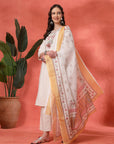 Embroidered Cotton Blend Kurta Set with Tassels & Printed Dupatta