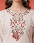 Embroidered Cotton Blend Kurta Set with Tassels & Printed Dupatta
