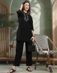 Solid Zari Embroidered Cotton Blend Kurta Set with Stitch Detail
