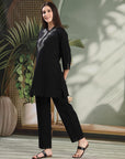 Solid Zari Embroidered Cotton Blend Kurta Set with Stitch Detail