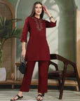 Solid Zari Embroidered Cotton Blend Kurta Set with Stitch Detail