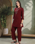 Solid Zari Embroidered Cotton Blend Kurta Set with Stitch Detail