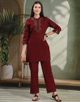 Solid Zari Embroidered Cotton Blend Kurta Set with Stitch Detail