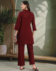 Solid Zari Embroidered Cotton Blend Kurta Set with Stitch Detail
