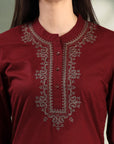 Solid Zari Embroidered Cotton Blend Kurta Set with Stitch Detail