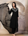 Thread Embroidered Rayon Kurta Set with Lace Sleeves & Printed Dupatta