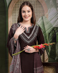 Thread Embroidered Rayon Kurta Set with Lace Sleeves & Printed Dupatta