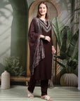Thread Embroidered Rayon Kurta Set with Lace Sleeves & Printed Dupatta