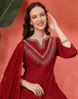 Thread Embroidered Rayon Kurta Set with Lace Sleeves & Printed Dupatta
