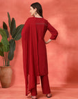 Thread Embroidered Rayon Kurta Set with Lace Sleeves & Printed Dupatta