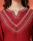 Thread Embroidered Rayon Kurta Set with Lace Sleeves & Printed Dupatta