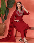 Thread Embroidered Rayon Kurta Set with Lace Sleeves & Printed Dupatta