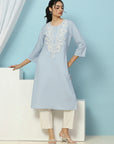 Cotton Straight Kurta Set with Lakhnavi Embroidery & Laced Dupatta