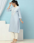 Cotton Straight Kurta Set with Lakhnavi Embroidery & Laced Dupatta
